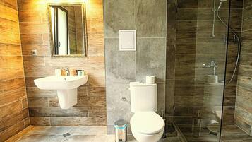 Une salle de bain moderne équipée d’un lavabo, de toilettes et d’une douche.