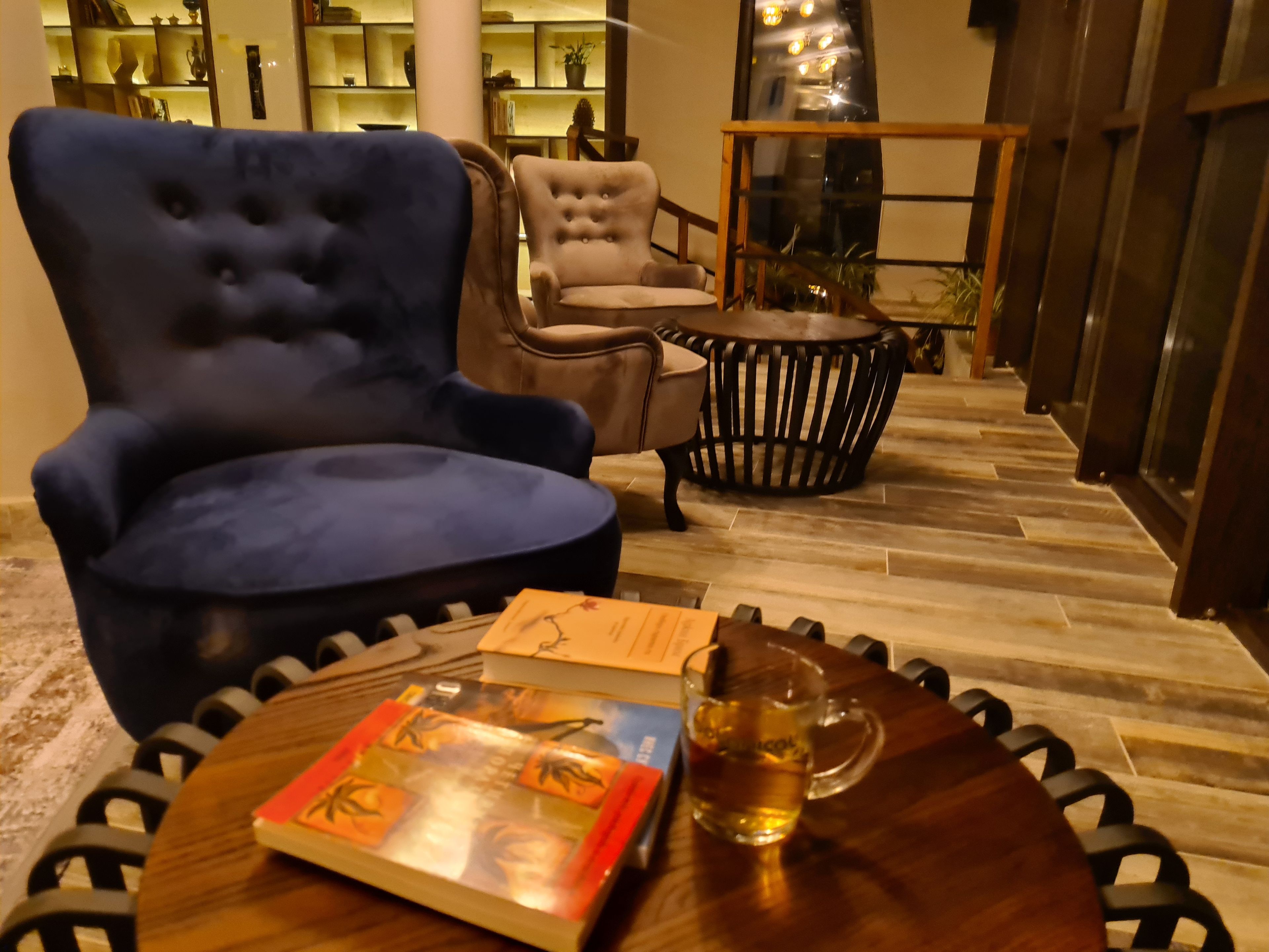 A room with a blue armchair, a beige armchair, a round wooden table with a book and a glass mug, and a small round table with a plant.