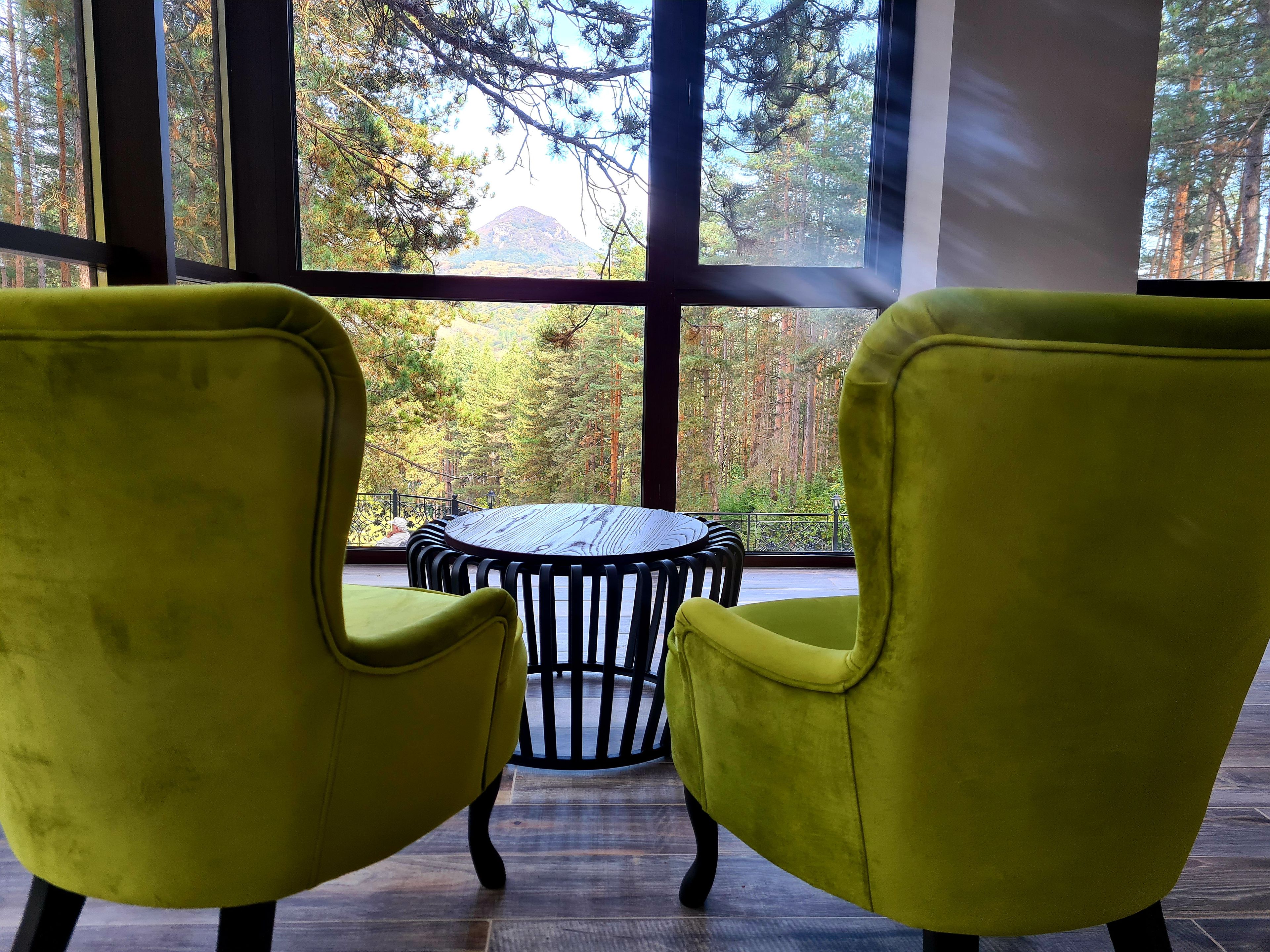 Een kamer met twee gele stoelen gericht op een ronde tafel, grote ramen met uitzicht op een bos en een berg.