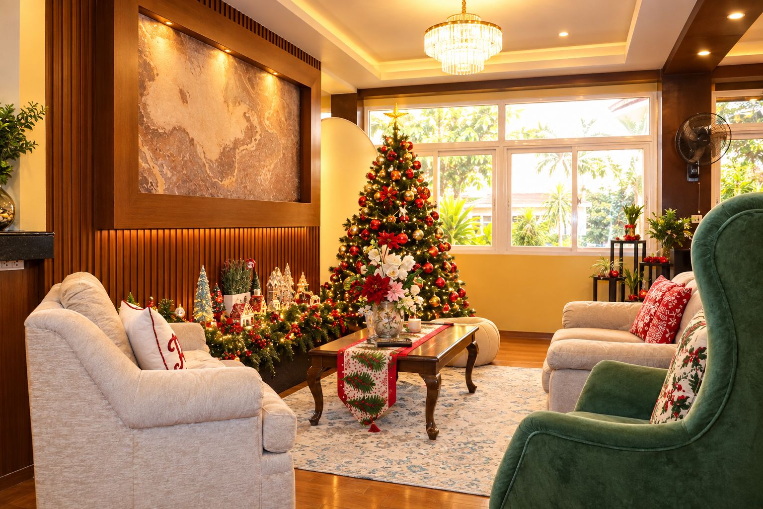 A cozy living room with a large Christmas tree, comfortable seating, and a view of greenery outside.