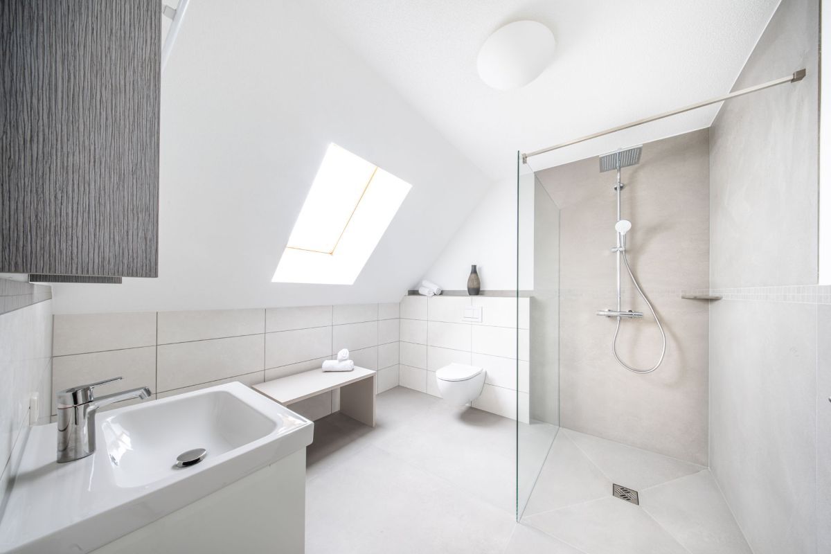 A modern bathroom with a shower, a sink, and a toilet.