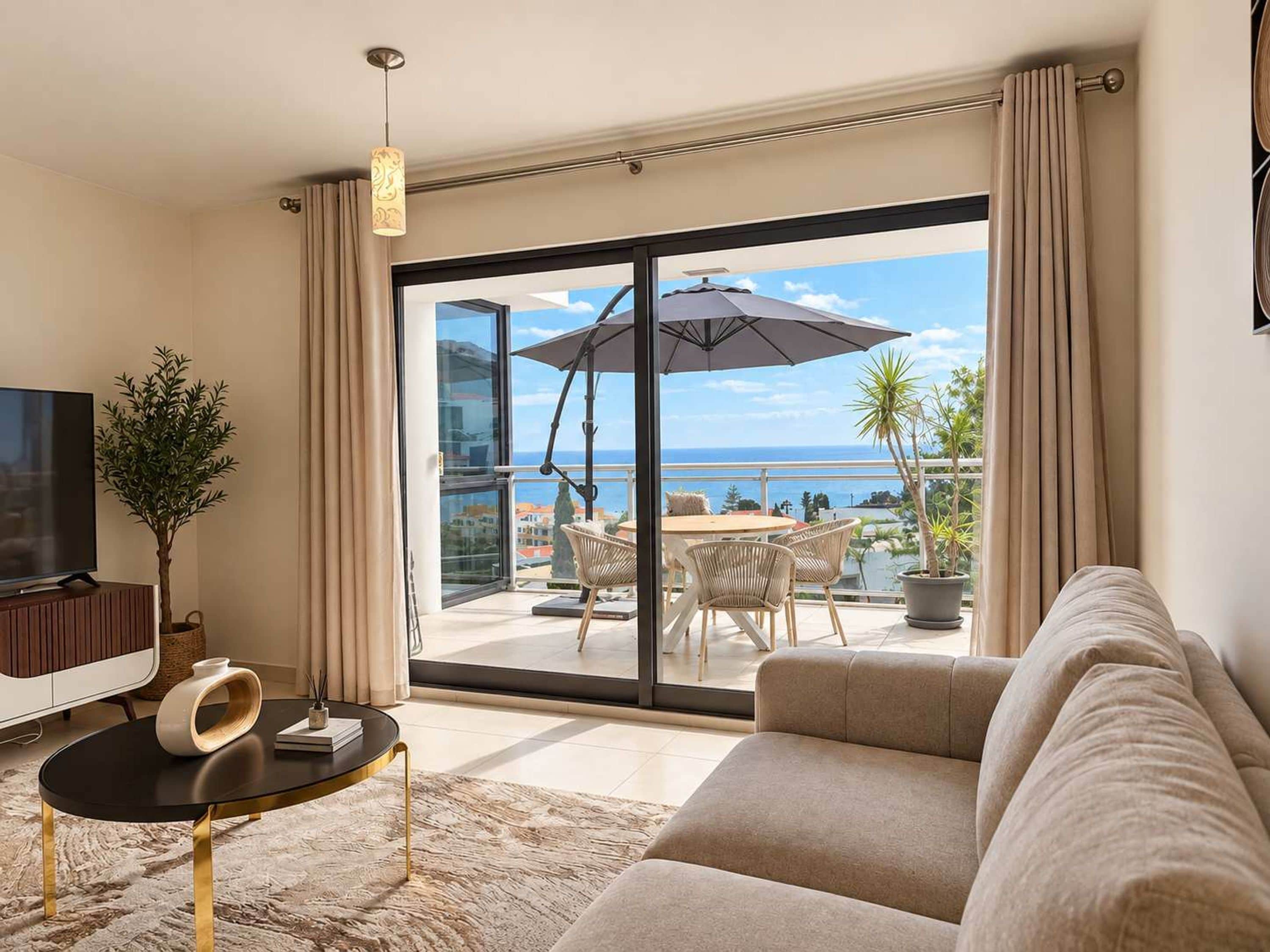 Un soggiorno moderno con divano, televisore, tavolo da pranzo e balcone con tavolo e sedie.