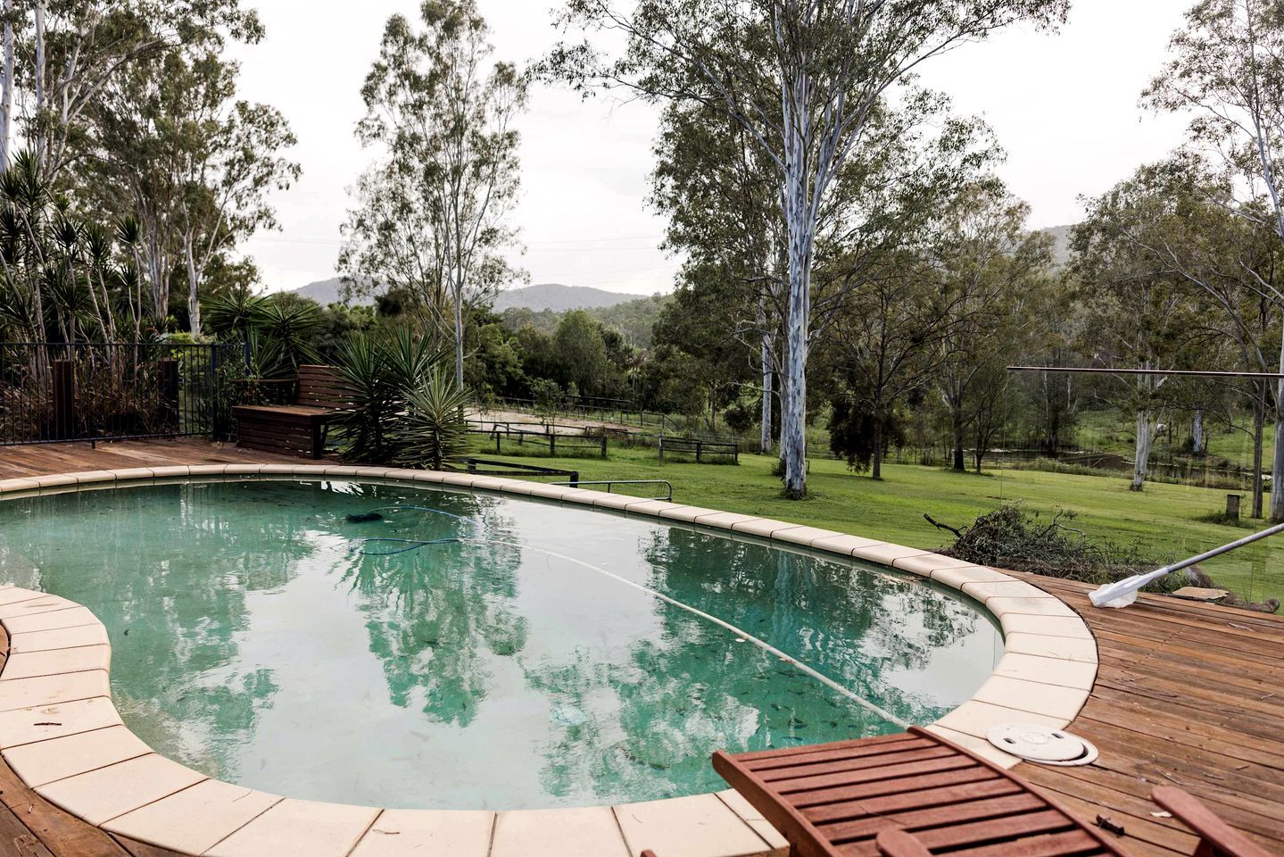 A swimming pool with a wooden deck and lounge chairs, surrounded by trees and a grassy area.