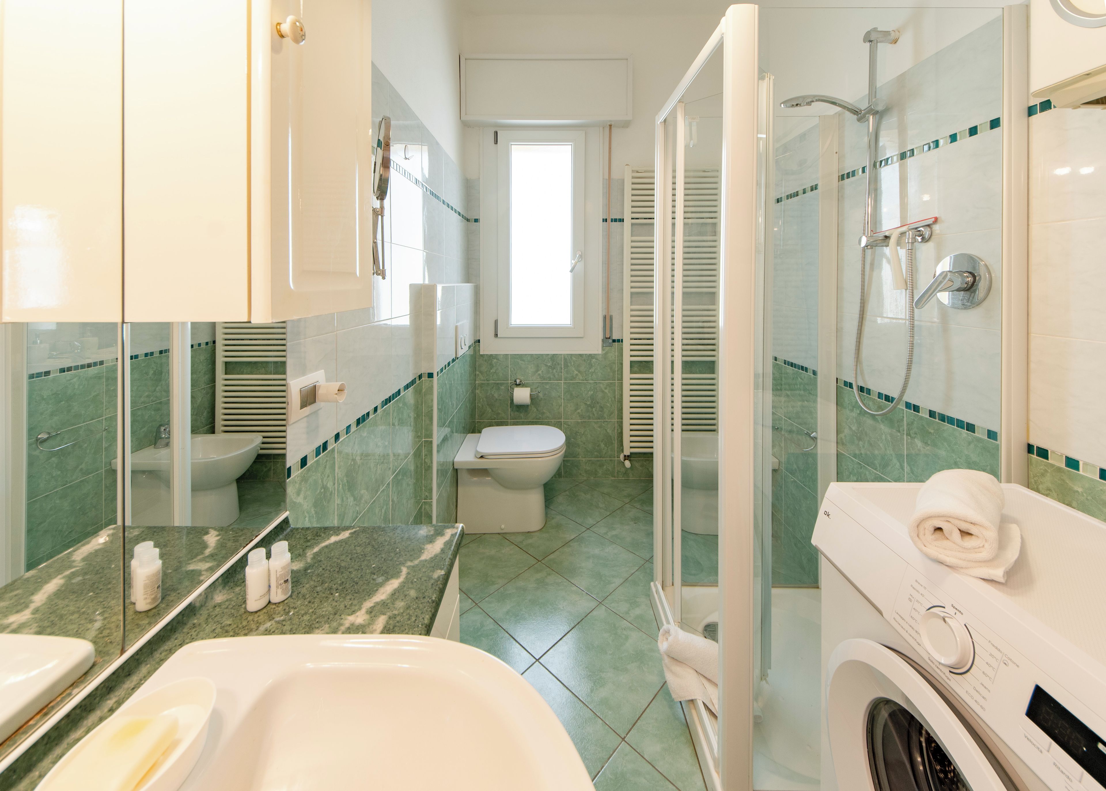 Une salle de bain avec douche, toilettes et machine à laver.