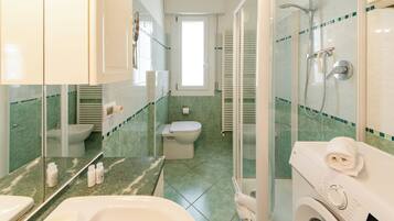 Une salle de bain avec douche, toilettes et machine à laver.