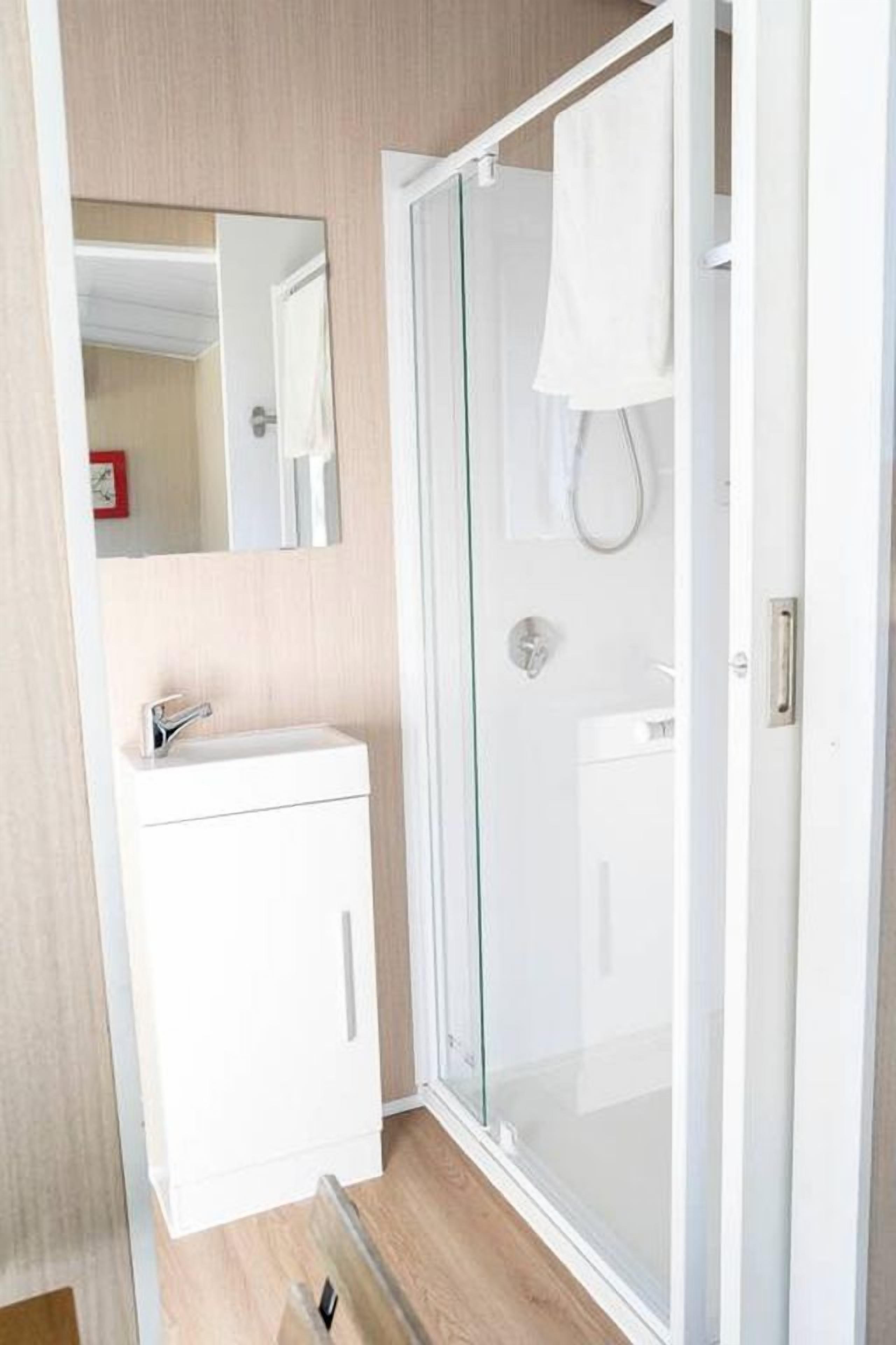 A bathroom with a glass shower enclosure, a white sink, and a mirror.