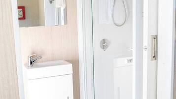 A bathroom with a glass shower enclosure, a white sink, and a mirror.