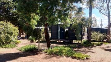A campsite with RVs, trees, and a small building.