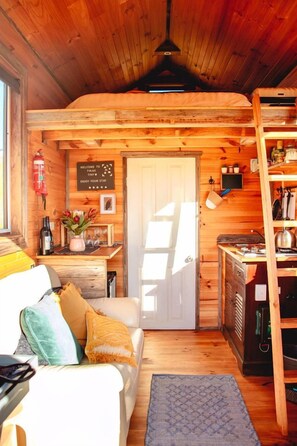 A cozy cabin interior with a wooden ceiling, a white door, a sofa with cushions, a small table with a vase of flowers, and a kitchenette area.