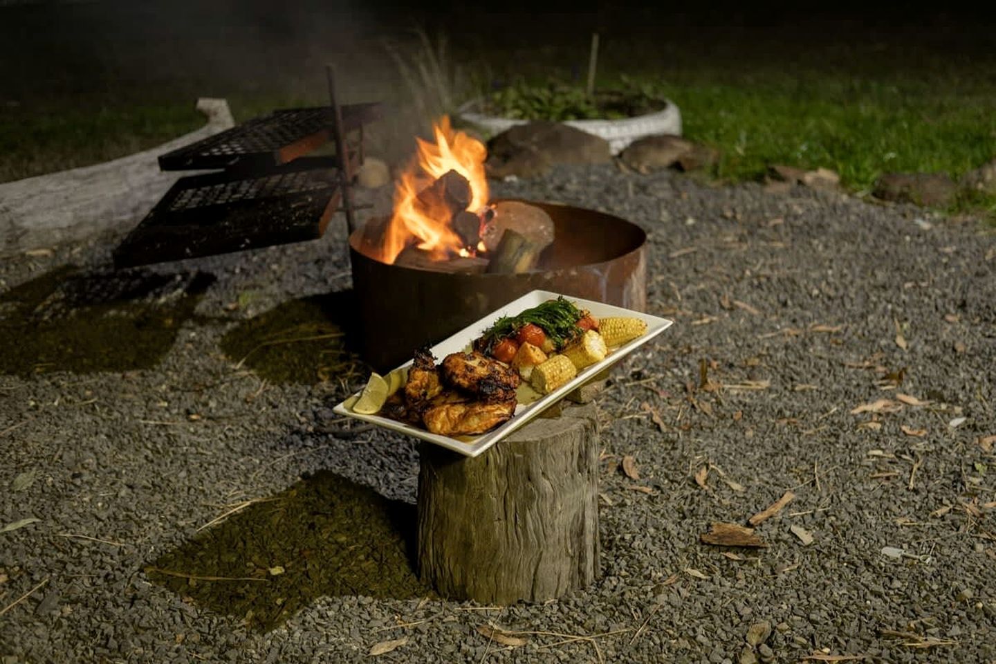 Et lejrbål med en tallerken med grillstegt mad og grøntsager på en træstub.