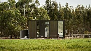 A modern, single-story cabin with a large sliding glass door, situated in a grassy field with trees in the background.
