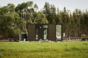 A modern, single-story cabin with a large sliding glass door, situated in a grassy field with trees in the background.