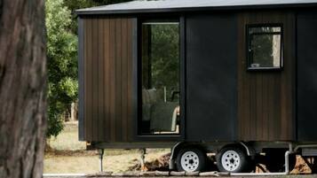 A stationary, dark-colored, single-story mobile home with a sliding door and a window, situated in a grassy area with trees in the background.