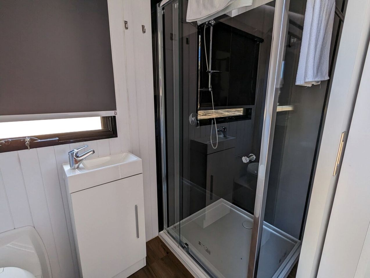 A bathroom with a glass shower enclosure, a white sink, and a mirror above the sink.