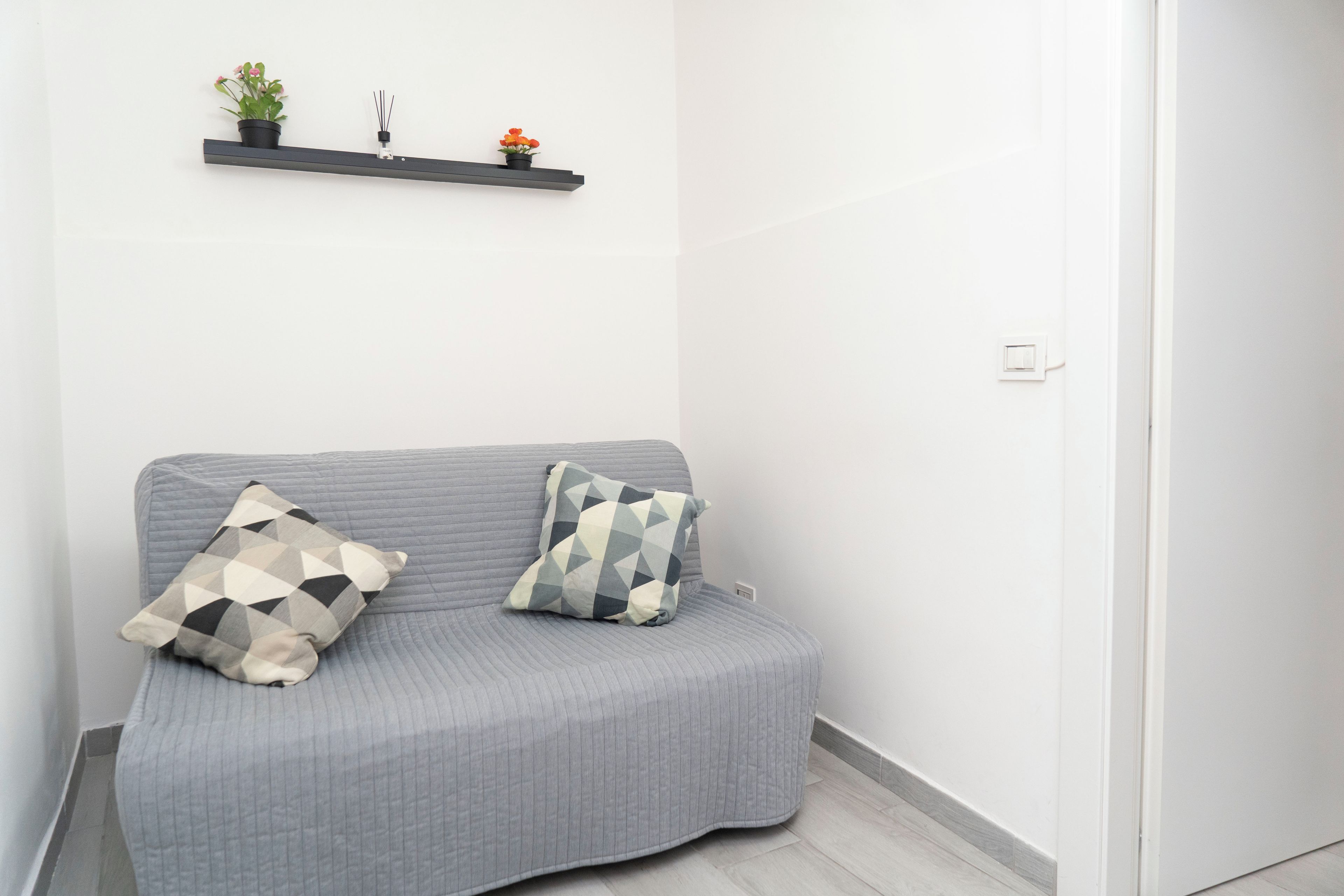 A grey sofa with two patterned cushions, a white wall, a black shelf with potted plants, and a white door.