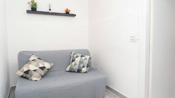 A grey sofa with two patterned cushions, a white wall, a black shelf with potted plants, and a white door.