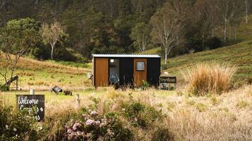 Una cabaña pequeña con puerta y ventana de madera, rodeada por un campo cubierto de césped y árboles.
