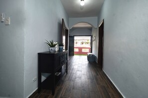 Un couloir avec une armoire en bois sombre, une plante en pot et une vue sur un espace extérieur avec une porte rouge et un balcon.