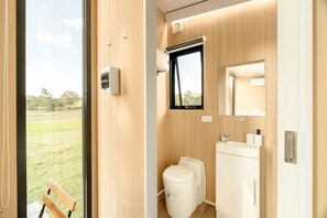 A modern bathroom with a toilet, sink, and mirror.