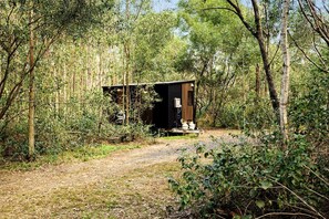 Uma cabana rústica numa área arborizada, com um caminho de terra que a leva.