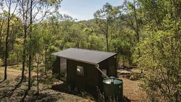 A small cabin with a metal roof, surrounded by dense forest.
