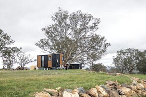 A modern, single-story house with a flat roof, large windows, and a minimalist design, surrounded by a grassy field and trees.