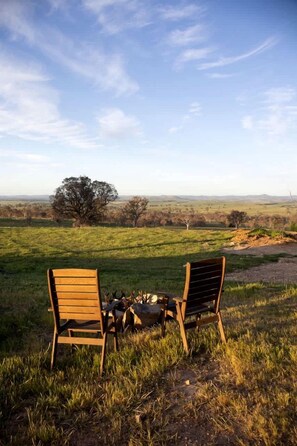 Two wooden chairs facing a fire pit in a grassy field with a tree in the background.