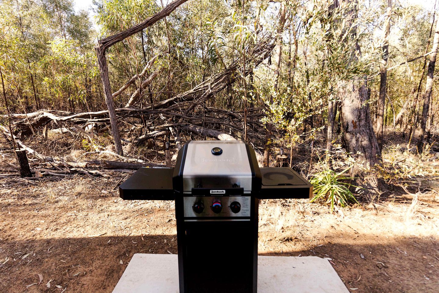 A portable barbecue grill with control knobs and a digital display, set up on a white platform in a forested area.