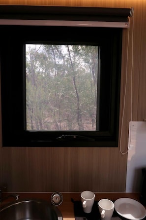 A kitchen with a window, a sink, and a coffee maker.