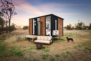 A modern, compact cabin with a sofa, a small table, and a fire pit, situated in a grassy field with trees in the background.