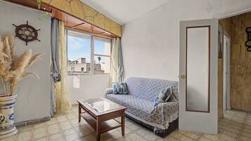 A room with a sofa, a small table, a potted plant, a window with curtains, and a door.