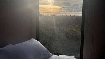 Ein Zimmer mit einem Bett und einem großen Fenster mit Blick auf eine Landschaft.