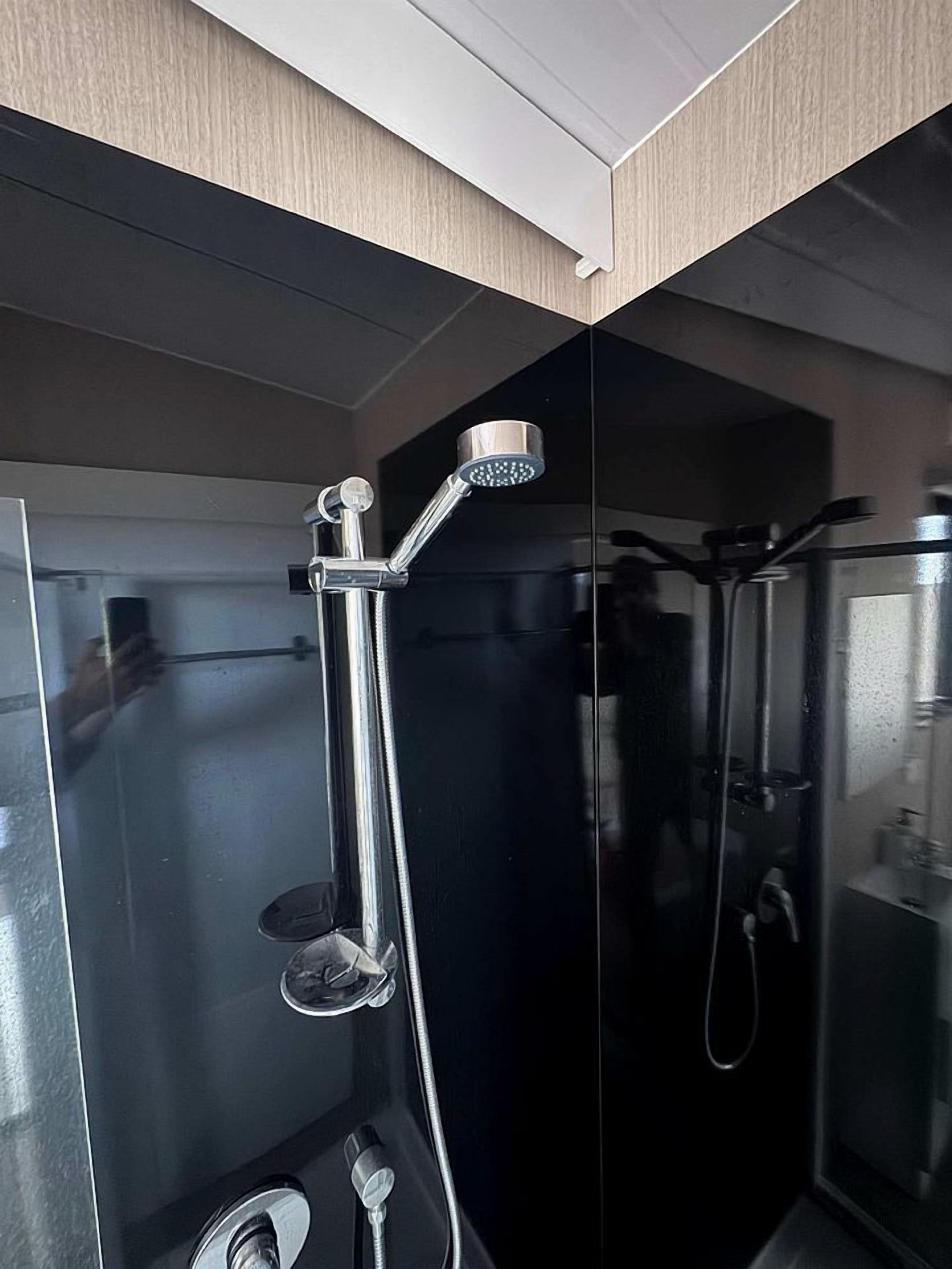 Une salle de bain moderne dotée d’une paroi de douche en verre, d’un pommeau de douche à main et de toilettes apparentes.