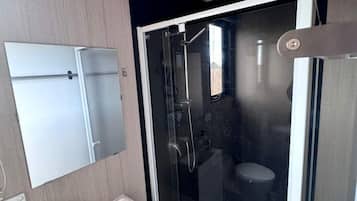 A modern bathroom with a glass-enclosed shower, a white sink, and a mirror.