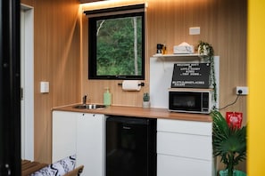 A compact kitchen with a built-in microwave, a sink, and a small cabinet.