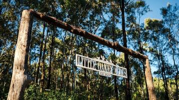 A wooden sign with the text 'LITTLE OAKY ACRES EST. 2022' mounted on a branch.