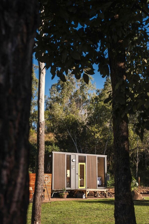 A small, single-story cabin with a door and windows, surrounded by trees and grass.