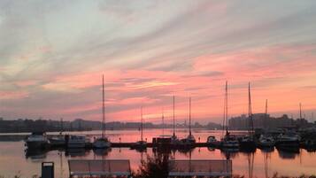 A marina with boats docked, a bench, and a calm water body reflecting the sky.