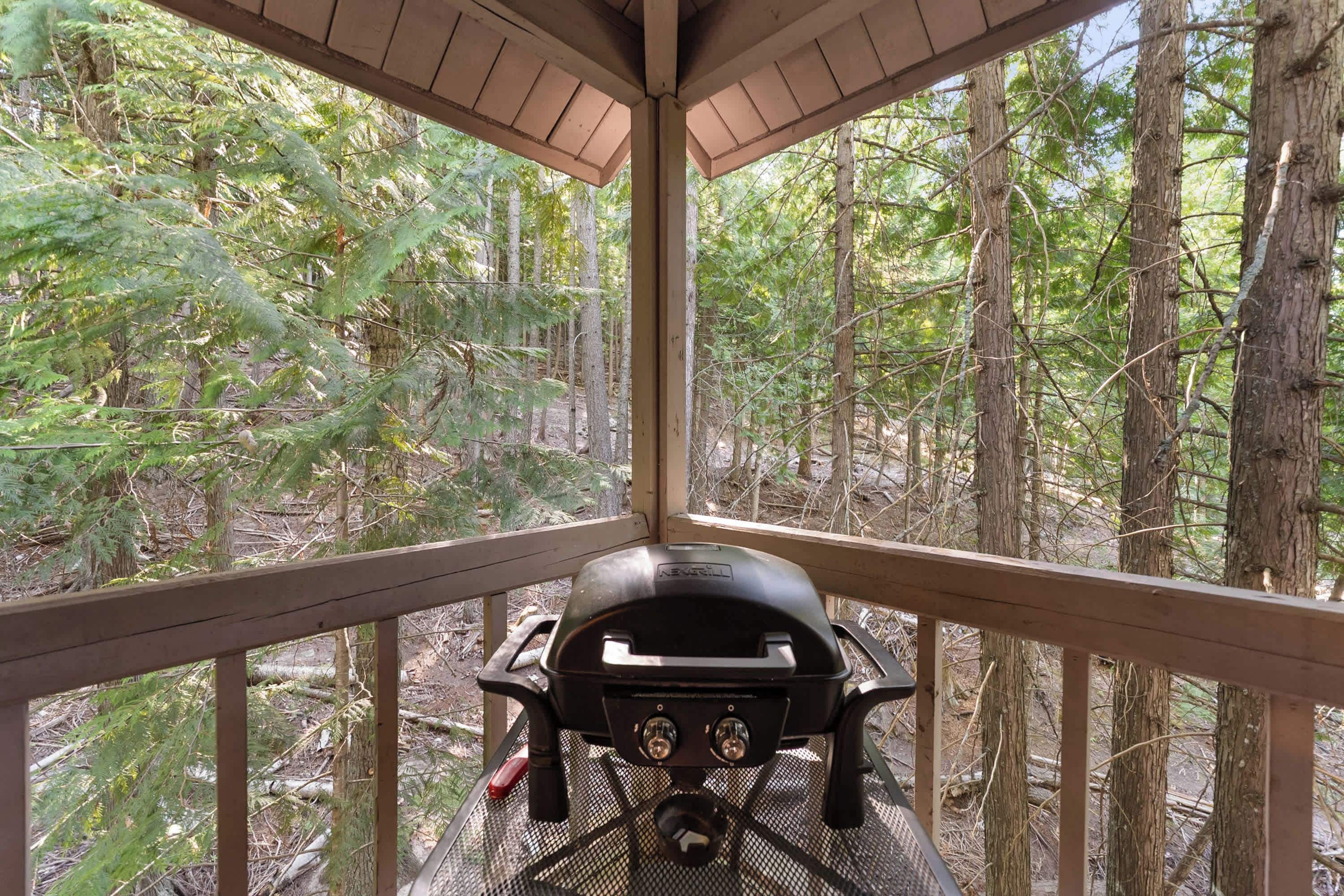 A covered outdoor seating area with a grill, surrounded by a forest.