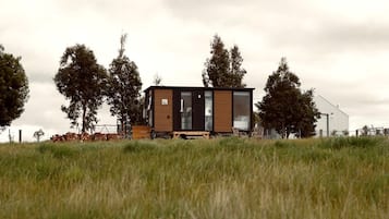 Una cabaña moderna de un piso con un gran ventanal y ventanas, rodeada de árboles altos y un campo cubierto de césped.
