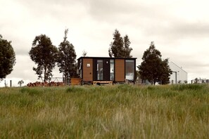 Una cabaña moderna de un piso con un gran ventanal y ventanas, rodeada de árboles altos y un campo cubierto de césped.
