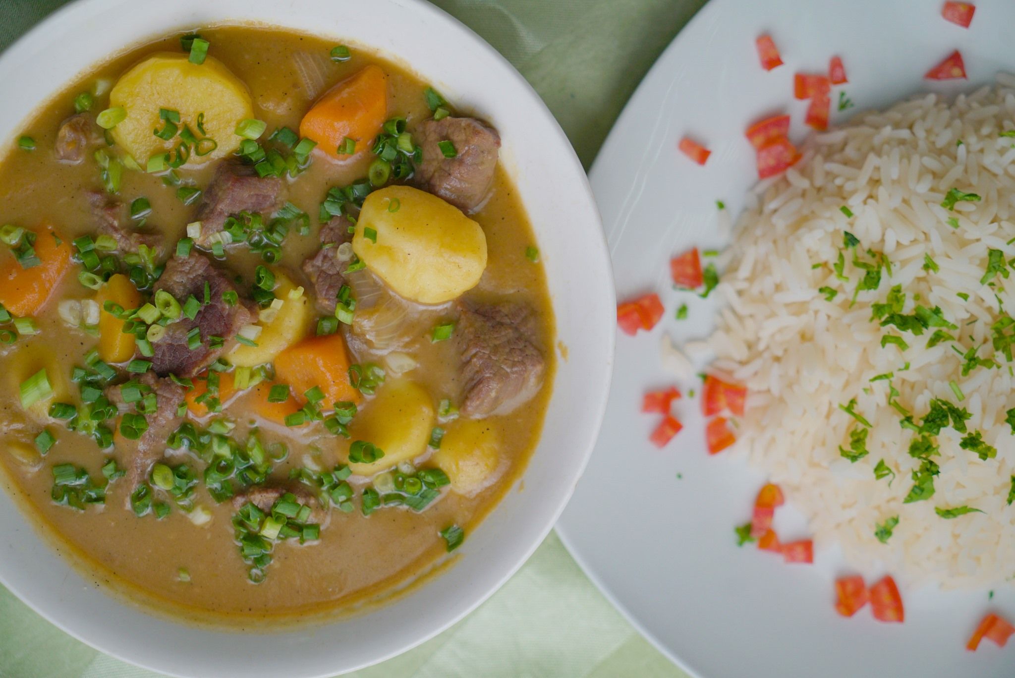 Un tazón de guiso con carne y verduras, y un plato de arroz con tomates en cubitos y hierbas.