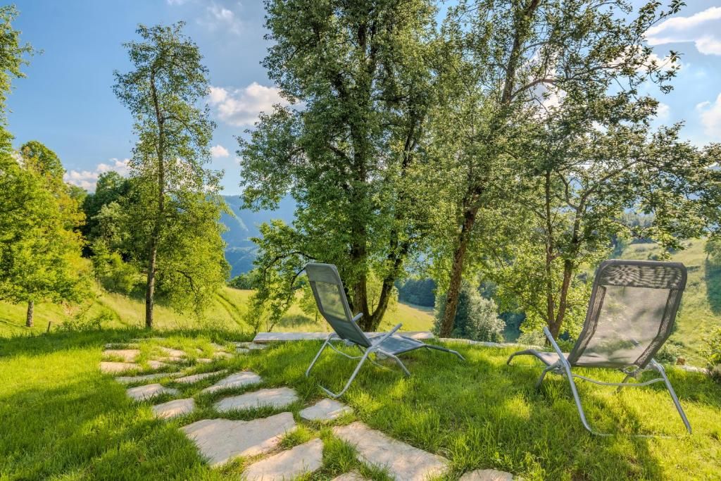 A grassy outdoor area with two metal chairs and a stone pathway.