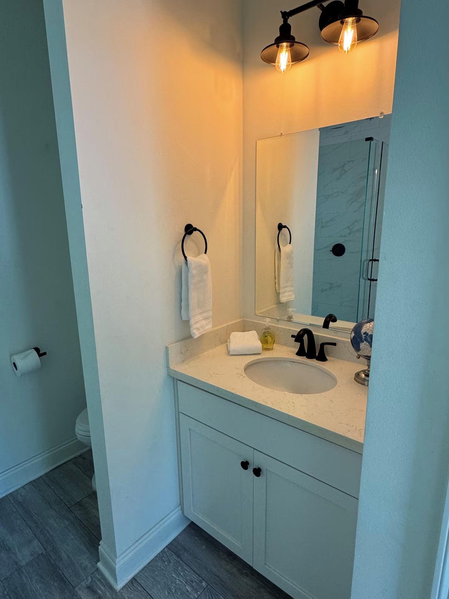 A bathroom with a white sink, black faucet, and a mirror above it. There are towels hanging on hooks and a toilet paper roll on the wall.