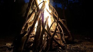 A campfire with visible flames and sparks, surrounded by natural ground and trees. - Off-Grid Tiny House with Cozy Firepit Retreat in Steiglitz, Australia (Steiglitz)