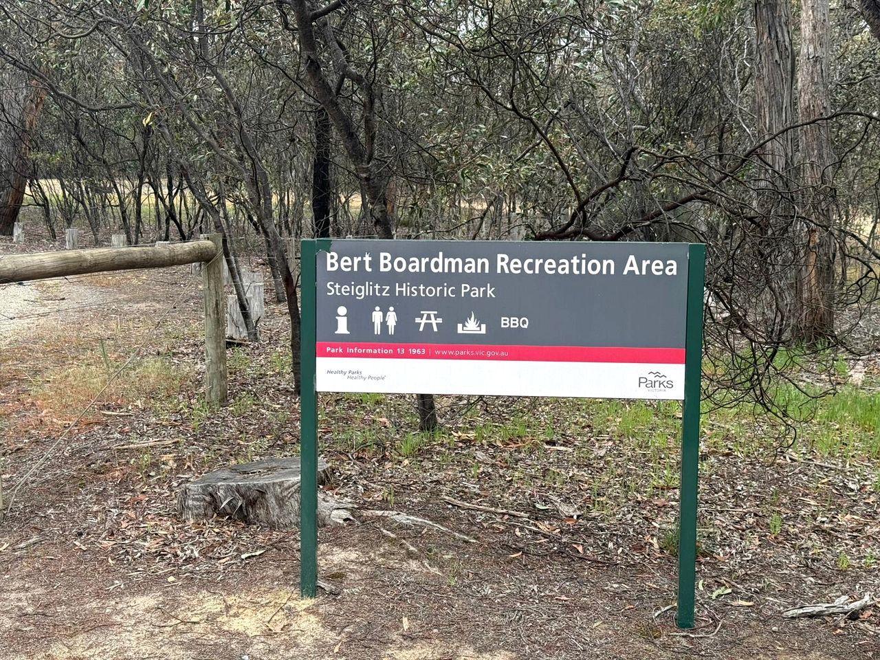 A sign for Bert Boardman Recreation Area at Steiglitz Historic Park, indicating facilities like picnic areas and BBQ.