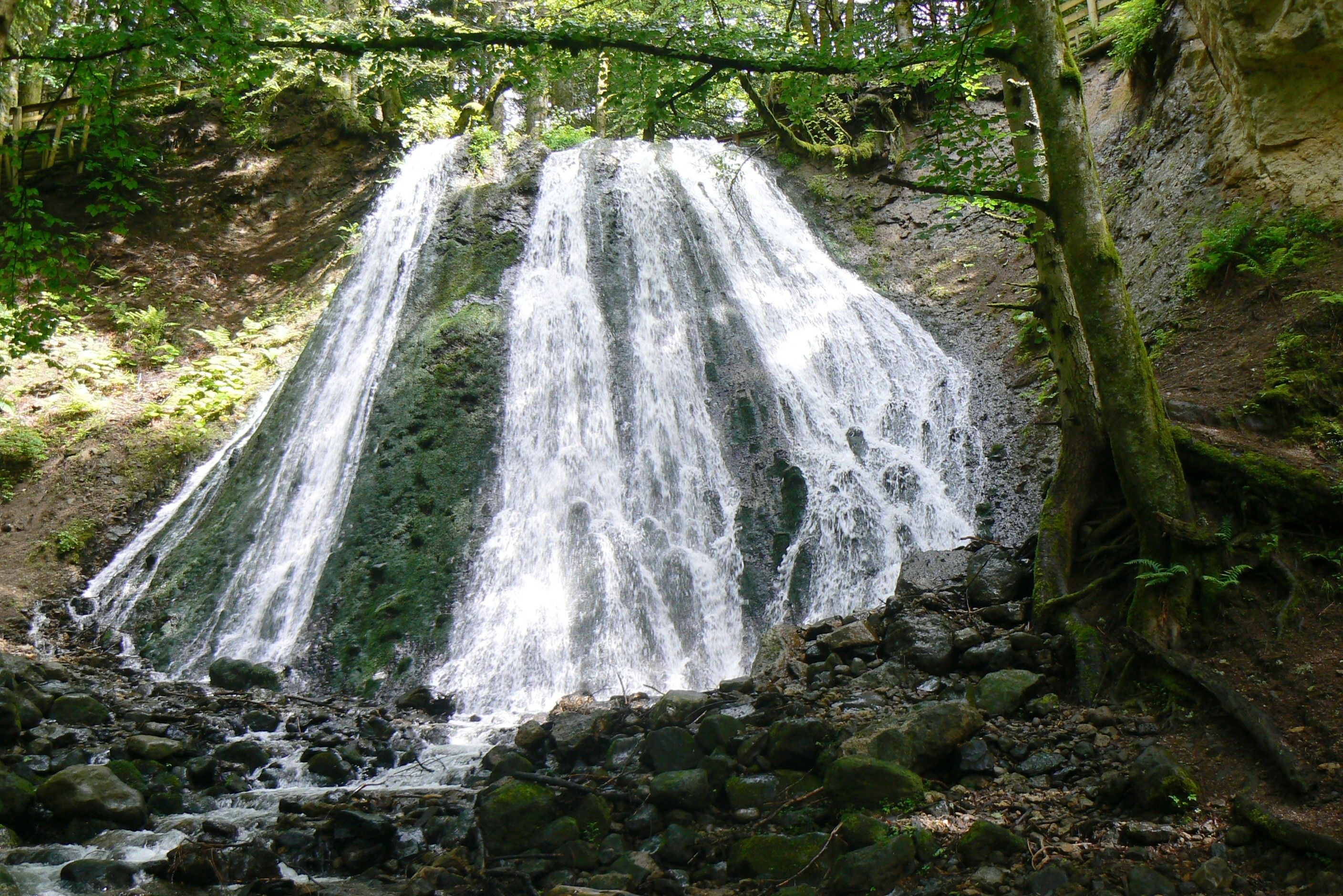 A waterfall surrounded by rocks and greenery.