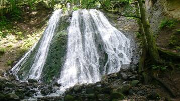 A waterfall surrounded by rocks and greenery.