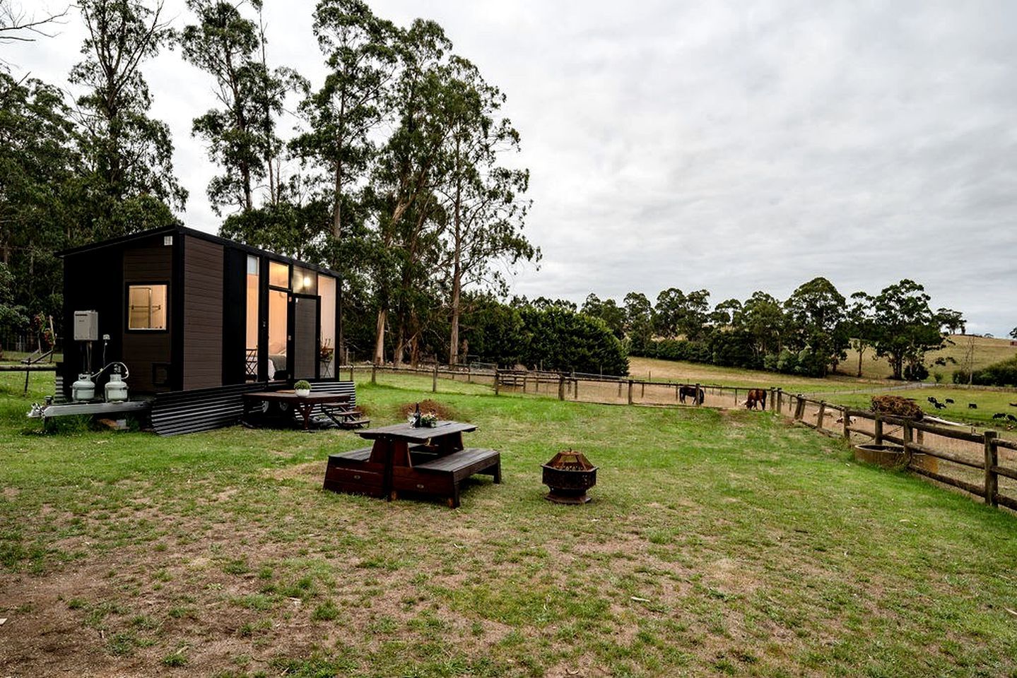A modern cabin with a deck, surrounded by a fenced pasture with grazing animals.