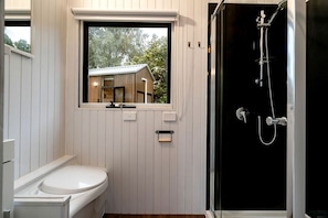 A bathroom with a toilet, a window, and a shower.